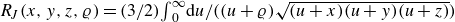 upper R Subscript upper J Baseline left parenthesis x comma y comma z comma rho right parenthesis equals left parenthesis 3 divided by 2 right parenthesis integral Subscript 0 Superscript normal infinity Baseline d u divided by left parenthesis left parenthesis u plus rho right parenthesis StartRoot left parenthesis u plus x right parenthesis left parenthesis u plus y right parenthesis left parenthesis u plus z right parenthesis EndRoot right parenthesis