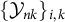 left brace script upper Y Subscript n k Baseline right brace Subscript i comma k