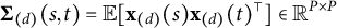 bold upper Sigma Subscript left parenthesis d right parenthesis Baseline left parenthesis s comma t right parenthesis equals double struck upper E left bracket bold x Subscript left parenthesis d right parenthesis Baseline left parenthesis s right parenthesis bold x Subscript left parenthesis d right parenthesis Baseline left parenthesis t right parenthesis Superscript normal down tack Baseline right bracket element of double struck upper R Superscript upper P times upper P