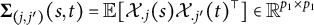 bold upper Sigma Subscript left parenthesis j comma j Sub Superscript prime Subscript right parenthesis Baseline left parenthesis s comma t right parenthesis equals double struck upper E left bracket script upper X Subscript period j Baseline left parenthesis s right parenthesis script upper X Subscript period j Sub Superscript prime Subscript Baseline left parenthesis t right parenthesis Superscript normal down tack Baseline right bracket element of double struck upper R Superscript p 1 times p 1