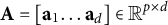bold upper A equals left bracket bold a 1 ellipsis bold a Subscript d Baseline right bracket element of double struck upper R Superscript p times d