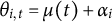 theta Subscript i comma t Baseline equals mu left parenthesis t right parenthesis plus alpha Subscript i