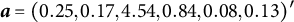 bold italic a equals left parenthesis 0.25 comma 0.17 comma 4.54 comma 0.84 comma 0.08 comma 0.13 right parenthesis prime