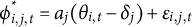 phi Subscript i comma j comma t Superscript asterisk Baseline equals a Subscript j Baseline left parenthesis theta Subscript i comma t Baseline minus delta Subscript j Baseline right parenthesis plus epsilon Subscript i comma j comma t