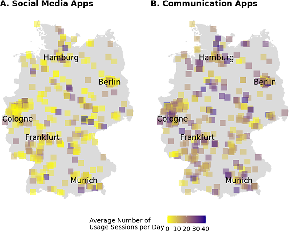 Two heat maps of Germany showing the average daily usage of social media and communication apps by G P S location. See long description.