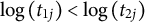 log left parenthesis t Subscript 1 j Baseline right parenthesis less than log left parenthesis t Subscript 2 j Baseline right parenthesis