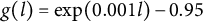 g left parenthesis l right parenthesis equals exp left parenthesis 0.001 l right parenthesis minus 0.95