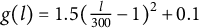 g left parenthesis l right parenthesis equals 1.5 left parenthesis StartFraction l Over 300 EndFraction minus 1 right parenthesis squared plus 0.1