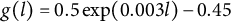 g left parenthesis l right parenthesis equals 0.5 exp left parenthesis 0.003 l right parenthesis minus 0.45