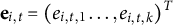 bold e Subscript i comma t Baseline equals left parenthesis e Subscript i comma t comma 1 Baseline ellipsis comma e Subscript i comma t comma k Baseline right parenthesis Superscript upper T