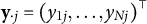 bold y Subscript dot j Baseline equals left parenthesis y Subscript 1 j Baseline comma ellipsis comma y Subscript upper N j Baseline right parenthesis Superscript normal down tack