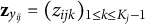 bold z Subscript y Sub Subscript i j Baseline equals left parenthesis z Subscript i j k Baseline right parenthesis Subscript 1 less than or equals k less than or equals upper K Sub Subscript j Subscript minus 1