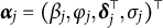 bold italic alpha Subscript j Baseline equals left parenthesis beta Subscript j Baseline comma phi Subscript j Baseline comma bold italic delta Subscript j Superscript normal down tack Baseline comma sigma Subscript j Baseline right parenthesis Superscript normal down tack