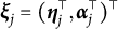 bold italic xi Subscript j Baseline equals left parenthesis bold italic eta Subscript j Superscript normal down tack Baseline comma bold italic alpha Subscript j Superscript normal down tack Baseline right parenthesis Superscript normal down tack