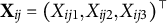 bold upper X Subscript i j Baseline equals left parenthesis upper X Subscript i j Baseline 1 Baseline comma upper X Subscript i j Baseline 2 Baseline comma upper X Subscript i j Baseline 3 Baseline right parenthesis Superscript normal down tack