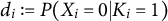 d Subscript i Baseline colon equals upper P left parenthesis upper X Subscript i Baseline equals 0 vertical bar upper K Subscript i Baseline equals 1 right parenthesis