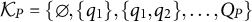 script upper K Subscript upper P Baseline equals StartSet normal empty set comma StartSet q 1 EndSet comma StartSet q 1 comma q 2 EndSet comma ellipsis comma upper Q Subscript upper P Baseline EndSet