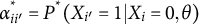 alpha Subscript i i prime Superscript asterisk Baseline equals upper P Superscript asterisk Baseline left parenthesis upper X Subscript i Sub Superscript prime Subscript Baseline equals 1 vertical bar upper X Subscript i Baseline equals 0 comma theta right parenthesis