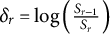 delta Subscript r Baseline equals log left parenthesis StartFraction upper S Subscript r minus 1 Baseline Over upper S Subscript r Baseline EndFraction right parenthesis