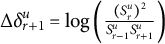 normal upper Delta delta Subscript r plus 1 Superscript u Baseline equals log left parenthesis StartFraction left parenthesis upper S Subscript r Superscript u Baseline right parenthesis squared Over upper S Subscript r minus 1 Superscript u Baseline upper S Subscript r plus 1 Superscript u Baseline EndFraction right parenthesis