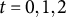t equals 0 comma 1 comma 2