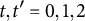 t comma t prime equals 0 comma 1 comma 2