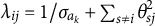 lamda Subscript i j Baseline equals 1 divided by sigma Subscript a Sub Subscript k Baseline plus sigma summation Underscript s not equals i Endscripts theta Subscript s j Superscript 2