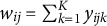 w Subscript i j Baseline equals sigma summation Underscript k equals 1 Overscript upper K Endscripts y Subscript i j k