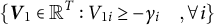 left brace bold italic upper V 1 element of double struck upper R Superscript upper T Baseline colon upper V Subscript 1 i Baseline greater than or equals minus gamma Subscript i Baseline comma for all i right brace