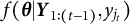 f left parenthesis bold italic theta vertical bar bold italic upper Y Subscript 1 colon left parenthesis t minus 1 right parenthesis Baseline comma y Subscript j Sub Subscript t Subscript Baseline right parenthesis