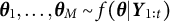 bold italic theta 1 comma ellipsis comma bold italic theta Subscript upper M Baseline tilde f left parenthesis bold italic theta vertical bar bold italic upper Y Subscript 1 colon t Baseline right parenthesis