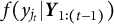 f left parenthesis y Subscript j Sub Subscript t Subscript Baseline vertical bar bold italic upper Y Subscript 1 colon left parenthesis t minus 1 right parenthesis Baseline right parenthesis