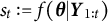 s Subscript t Baseline colon equals f left parenthesis bold italic theta vertical bar bold italic upper Y Subscript 1 colon t Baseline right parenthesis