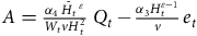 upper A equals StartFraction alpha 4 upper H Subscript t Baseline overbar Superscript epsilon Baseline Over upper W Subscript t Baseline v upper H Subscript t Superscript 2 Baseline EndFraction upper Q Subscript t Baseline minus StartFraction alpha 3 upper H Subscript t Superscript epsilon minus 1 Baseline Over v EndFraction e Subscript t