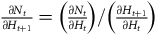 StartFraction partial differential upper N Subscript t Baseline Over partial differential upper H Subscript t plus 1 Baseline EndFraction equals left parenthesis StartFraction partial differential upper N Subscript t Baseline Over partial differential upper H Subscript t Baseline EndFraction right parenthesis divided by left parenthesis StartFraction partial differential upper H Subscript t plus 1 Baseline Over partial differential upper H Subscript t Baseline EndFraction right parenthesis
