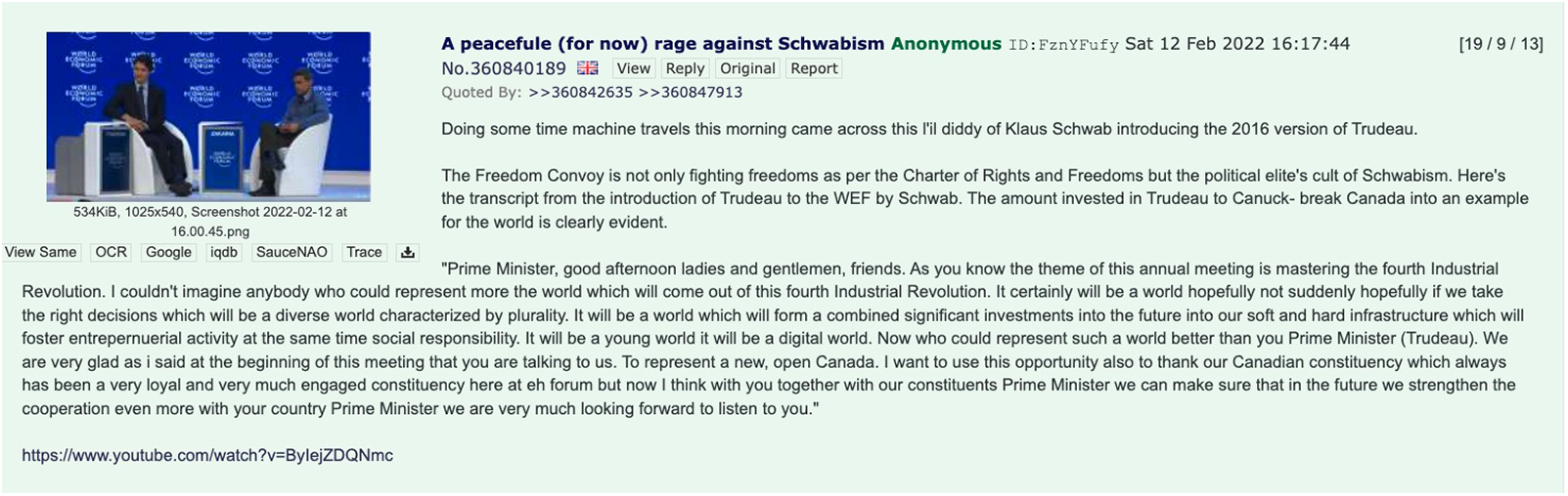 A post discussing Trudeau's introduction at the WEF and the Freedom Convoy's stance against Schwabism. See long description.