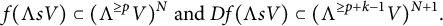 StartLayout 1st Row f left parenthesis normal upper Lamda s upper V right parenthesis subset of left parenthesis normal upper Lamda Superscript greater than or equals p Baseline upper V right parenthesis Superscript upper N Baseline and upper D f left parenthesis normal upper Lamda s upper V right parenthesis subset of left parenthesis normal upper Lamda Superscript greater than or equals p plus k minus 1 Baseline upper V right parenthesis Superscript upper N plus 1 Baseline period EndLayout