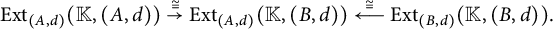 upper E x t Subscript left parenthesis upper A comma d right parenthesis Baseline left parenthesis double struck upper K comma left parenthesis upper A comma d right parenthesis right parenthesis ModifyingAbove right arrow With approximately equals upper E x t Subscript left parenthesis upper A comma d right parenthesis Baseline left parenthesis double struck upper K comma left parenthesis upper B comma d right parenthesis right parenthesis ModifyingAbove long left arrow With approximately equals upper E x t Subscript left parenthesis upper B comma d right parenthesis Baseline left parenthesis double struck upper K comma left parenthesis upper B comma d right parenthesis right parenthesis period