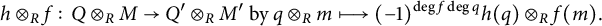 StartLayout 1st Row h circled times Subscript upper R Baseline f colon upper Q circled times Subscript upper R Baseline upper M right arrow upper Q prime circled times Subscript upper R Baseline upper M Superscript prime Baseline by q circled times Subscript upper R Baseline m long right arrow from bar left parenthesis negative 1 right parenthesis Superscript degree f degree q Baseline h left parenthesis q right parenthesis circled times Subscript upper R Baseline f left parenthesis m right parenthesis period EndLayout