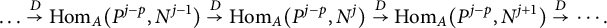 midline horizontal ellipsis right arrow Overscript upper D Endscripts hom Subscript upper A Baseline left parenthesis upper P Superscript j minus p Baseline comma upper N Superscript j minus 1 Baseline right parenthesis right arrow Overscript upper D Endscripts hom Subscript upper A Baseline left parenthesis upper P Superscript j minus p Baseline comma upper N Superscript j Baseline right parenthesis right arrow Overscript upper D Endscripts hom Subscript upper A Baseline left parenthesis upper P Superscript j minus p Baseline comma upper N Superscript j plus 1 Baseline right parenthesis right arrow Overscript upper D Endscripts midline horizontal ellipsis period