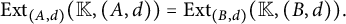 upper E x t Subscript left parenthesis upper A comma d right parenthesis Baseline left parenthesis double struck upper K comma left parenthesis upper A comma d right parenthesis right parenthesis equals upper E x t Subscript left parenthesis upper B comma d right parenthesis Baseline left parenthesis double struck upper K comma left parenthesis upper B comma d right parenthesis right parenthesis period