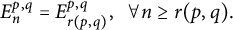 StartLayout 1st Row upper E Subscript n Superscript p comma q Baseline equals upper E Subscript r left parenthesis p comma q right parenthesis Superscript p comma q Baseline comma for all n greater than or equals r left parenthesis p comma q right parenthesis period EndLayout