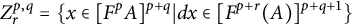 StartLayout 1st Row upper Z Subscript r Superscript p comma q Baseline equals StartSet x element of left bracket upper F Superscript p Baseline upper A right bracket Superscript p plus q Baseline vertical bar d x element of left bracket upper F Superscript p plus r Baseline left parenthesis upper A right parenthesis right bracket Superscript p plus q plus 1 Baseline EndSet EndLayout