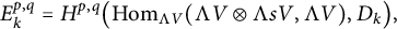 upper E Subscript k Superscript p comma q Baseline equals upper H Superscript p comma q Baseline left parenthesis hom Subscript normal upper Lamda upper V Baseline left parenthesis normal upper Lamda upper V circled times normal upper Lamda s upper V comma normal upper Lamda upper V right parenthesis comma upper D Subscript k Baseline right parenthesis comma