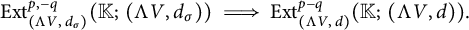 upper E x t Subscript left parenthesis normal upper Lamda upper V comma d Sub Subscript sigma Subscript right parenthesis Superscript p comma negative q Baseline left parenthesis double struck upper K semicolon left parenthesis normal upper Lamda upper V comma d Subscript sigma Baseline right parenthesis right parenthesis long right double arrow upper E x t Subscript left parenthesis normal upper Lamda upper V comma d right parenthesis Superscript p minus q Baseline left parenthesis double struck upper K semicolon left parenthesis normal upper Lamda upper V comma d right parenthesis right parenthesis period