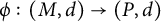 phi colon left parenthesis upper M comma d right parenthesis right arrow left parenthesis upper P comma d right parenthesis