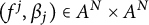 left parenthesis f Superscript j Baseline comma beta Subscript j Baseline right parenthesis element of upper A Superscript upper N Baseline times upper A Superscript upper N