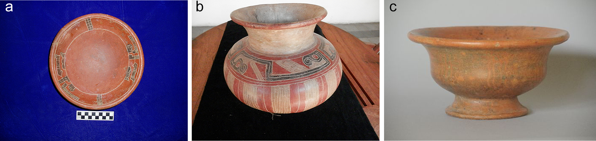 Three ceramic vessels: a plate, a pot and a bowl, each with distinct designs. See long description.