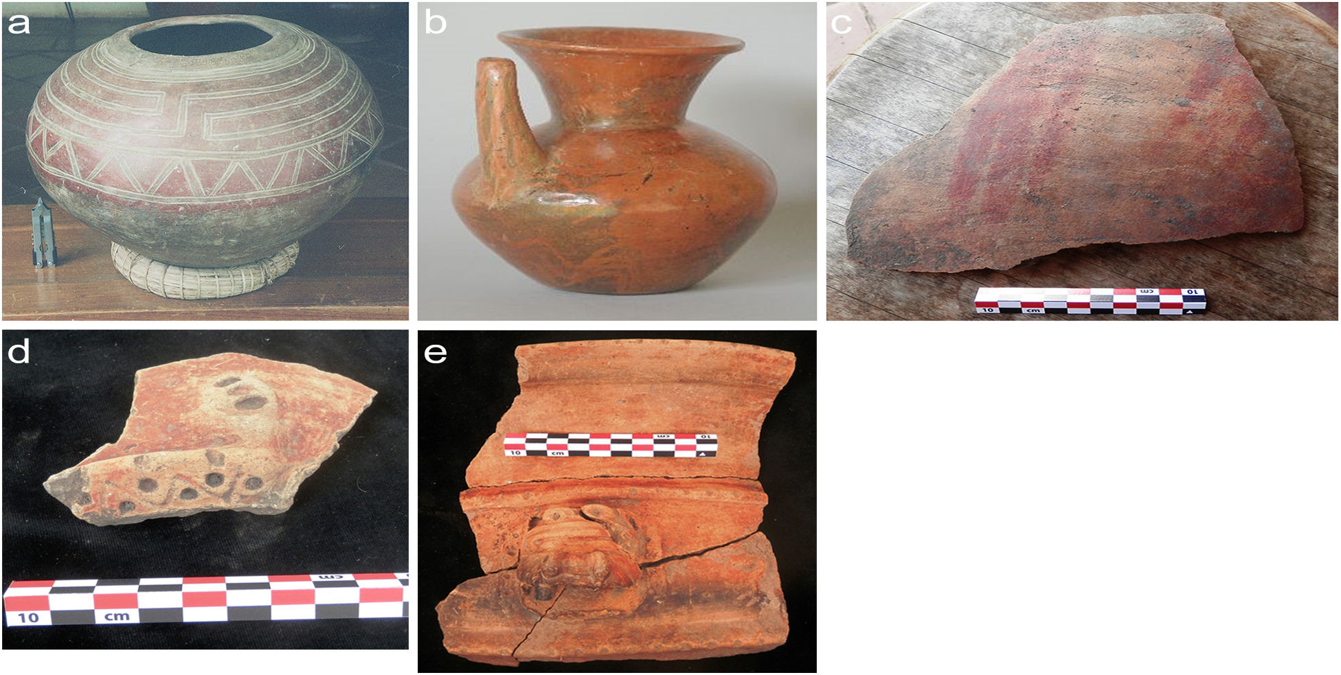 Five images of diagnostic ceramics from the Las Delicias phase, including vessels and fragments. See long description.