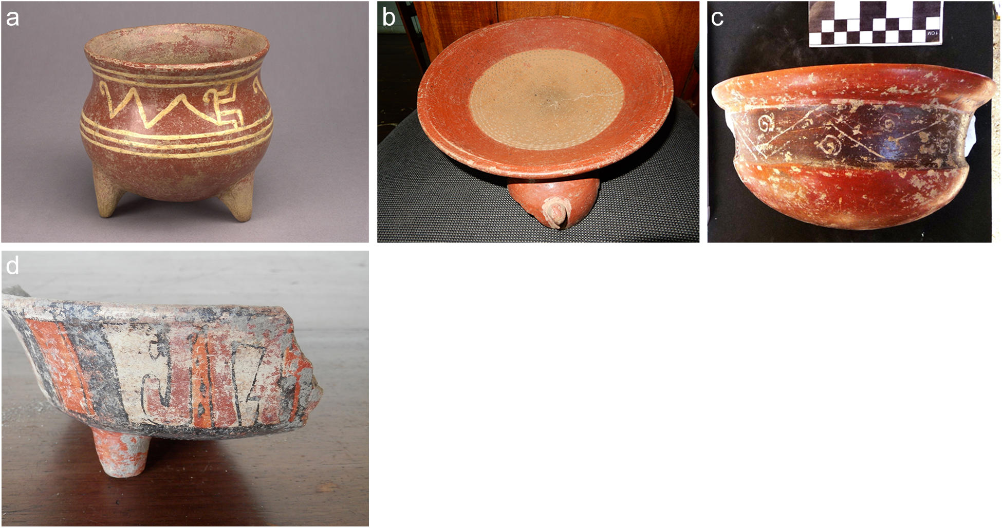 Four ceramic artifacts labeled a to d, each with distinct designs and shapes. See long description.